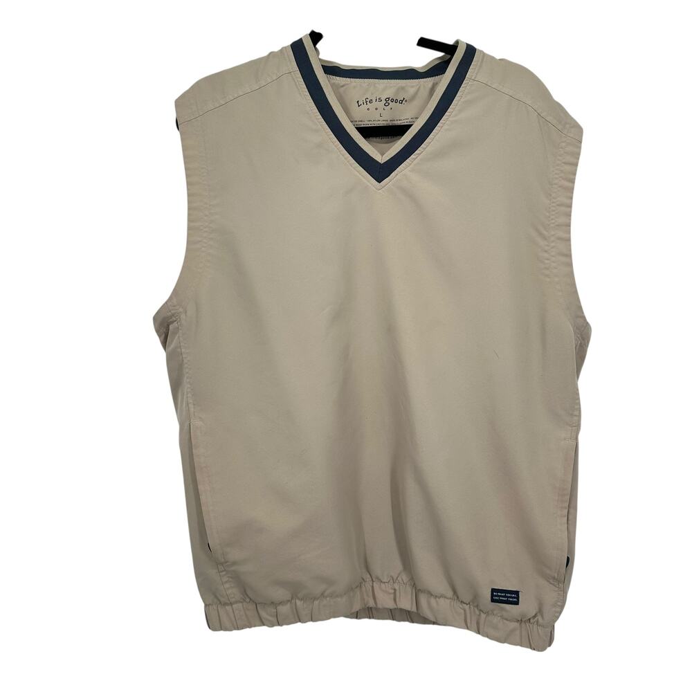 Life is Good Golf Vest Mens Large Tan V-Neck Windbreaker Pullover Sleeveless‎ L